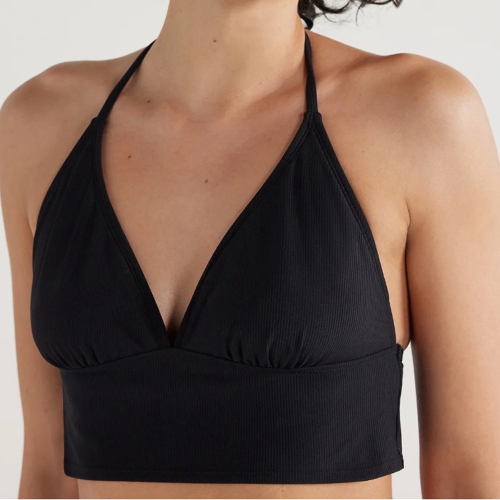 No Boundaries Juniors' Ribbed Cropped Tankini Halter Black Top Medium Size